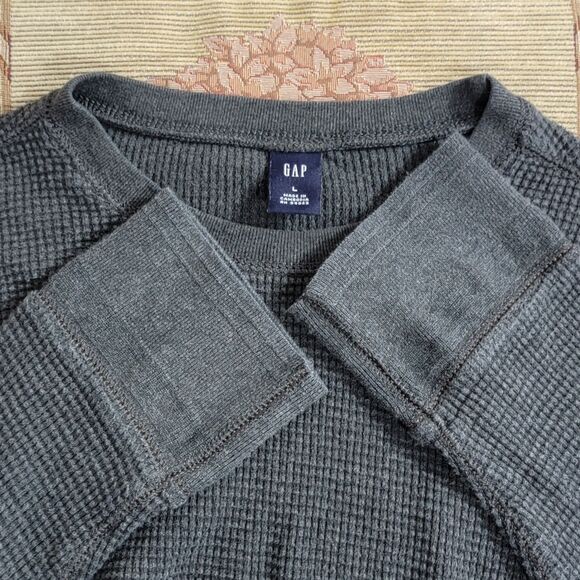 Gap Shirt Mens L Gray Vintage Y2K Waffle Knit Long Sleeve Crew Neck Thermal Top - Picture 9 of 11